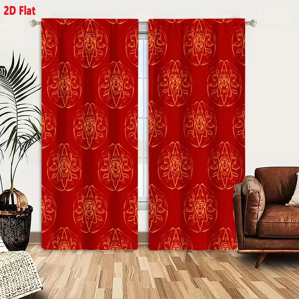 2Pcs Curtains 2D Flat Deep Red Seamless Pattern With Golden Tribal Mandala Faces And Lotus Motifs Window Drapes for Bedroom Room