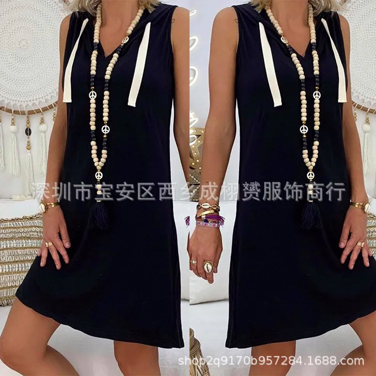 

25 Year Summer New Hooded Casual Loose Solid Color T-Shirt Dress For Women 0621