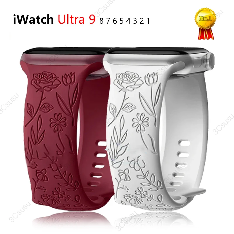 

Engraved Floral Silicone Strap for Apple Watch Ultra 2 Band 49mm 45mm 40mm 41mm Bracelet Fashion IWatch Series 9 8/7/6/5/4/3/se