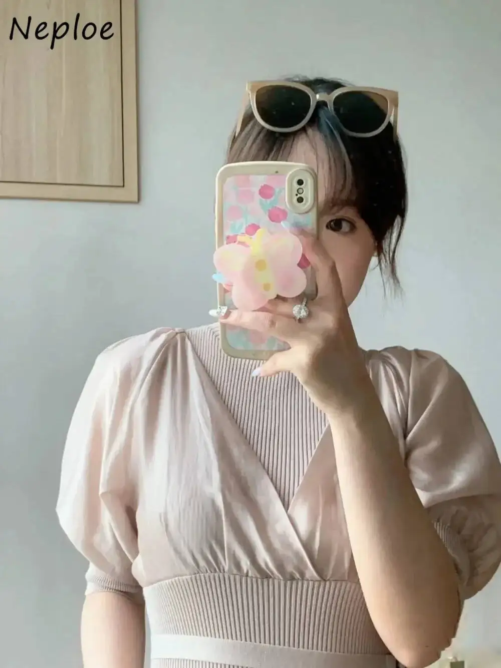 새로운 O 넥 퍼프 슬리브 니트 셔츠 드레스 패치 워크 슬림 벨트 맞춤형 가운 일본 Pleated Literary Off shoulder Mujer