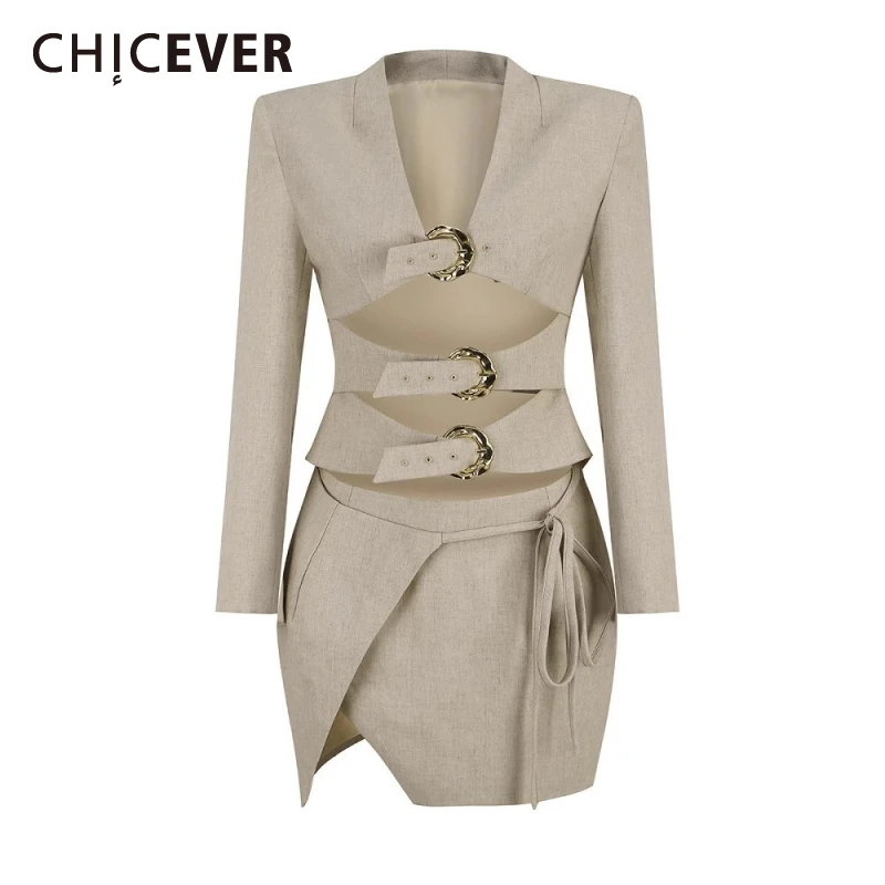 

CHICEVER Luxury Formal Two Piece Sets for Women V Neck Long Sleeve Spliced Hollow Blazer High Waist Skirt Irrgular Suits Female