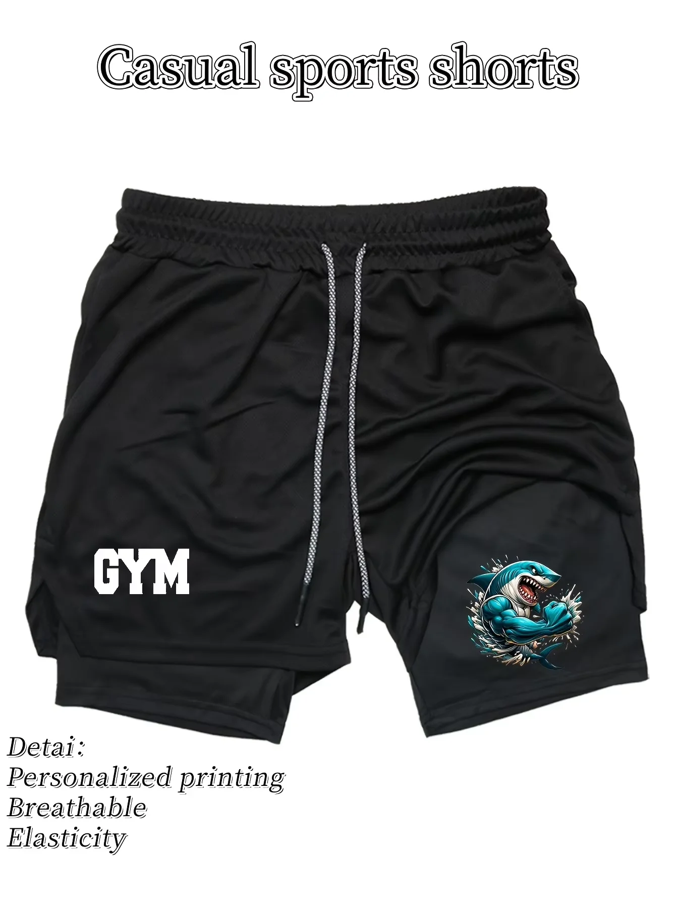 Celana Pendek Atletik Lapisan Ganda Cepat Kering Musim Panas Pria - Celana Pendek Gym Elastis Bernapas dengan Tali Serut yang Dapat Disesuaikan HX0042