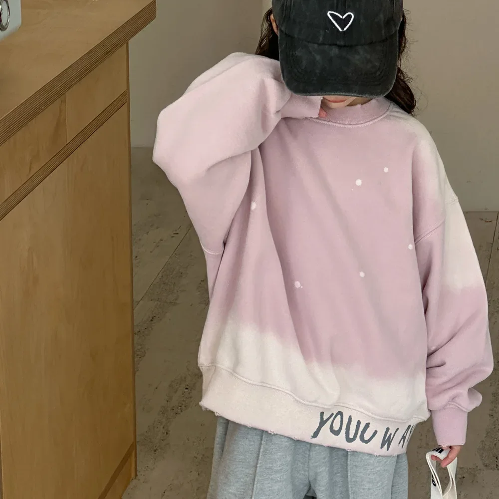 Girls Hoodie 2024 Autumn and Winter New Childrens Clothes Girls Baby Gradual Change Color Tie Dye Printing Plus Fleece Hoodie