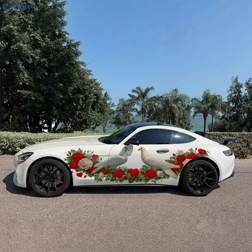 2pcs Vintage Rose & Dove Car Side Wraps, Self-Adhesive PVC Waterproof & Scratch-Resistant Stickers, Car Accessory Gift
