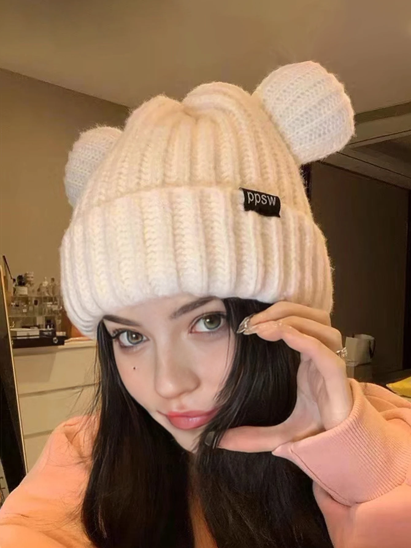 A Autumn Winter Hats Cute Bear Ears Warm Cap Knitted Earmuffs Hat