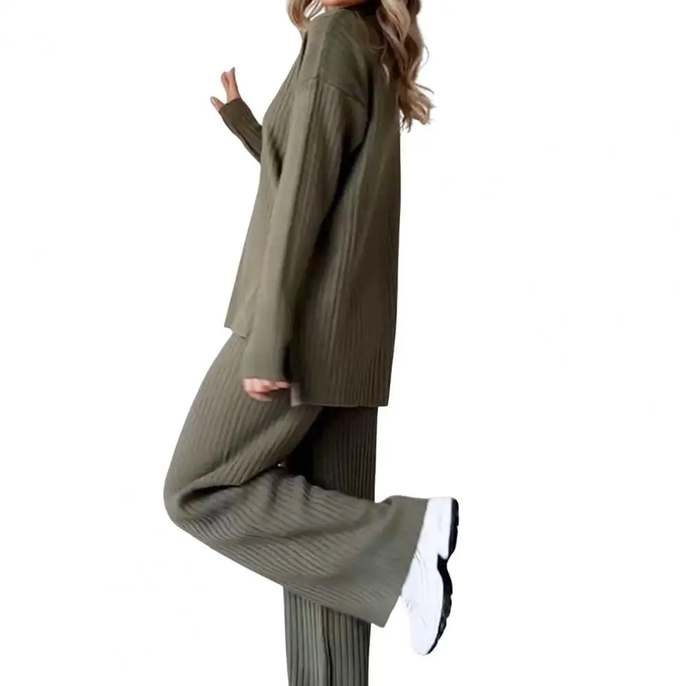 Sets Women Outfits Elegant Turtleneck Long-sleeved Sweater Trouser Suit Solid Color Comfortable Wide Leg Home Conjuntos De Mujer