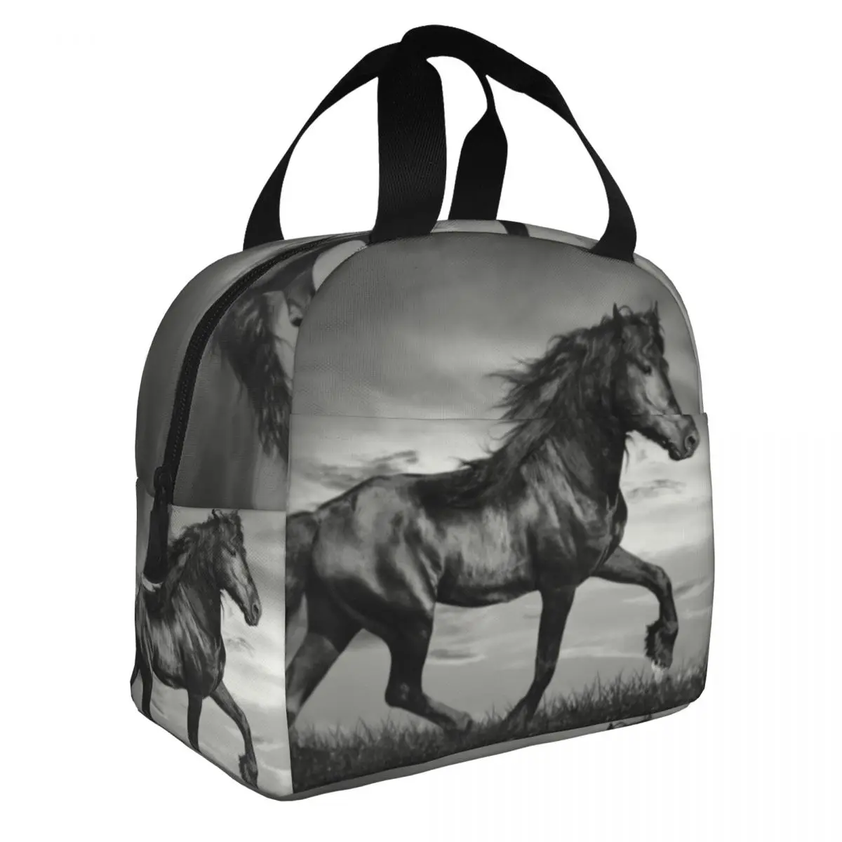 Black Friesian Stallion Prancing Insulated Lunch Bag Resuable Warm Cooler Thermal Horse Lunch Tote Box for Women Kids School