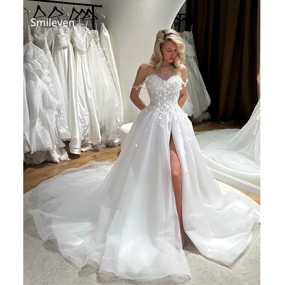 Smileven White Tulle Ball Gown Wedding Dresses Sweetheart Off Shoulder Bridal Dress 3D Flower High Slit Train Gowns Customized