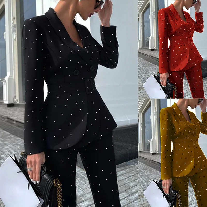 

Autumn and Winter Style Elegant Women's Black Polka Dot Long-sleeved Office Suit Jacket New Two-piece Suit Pant Suits for Women