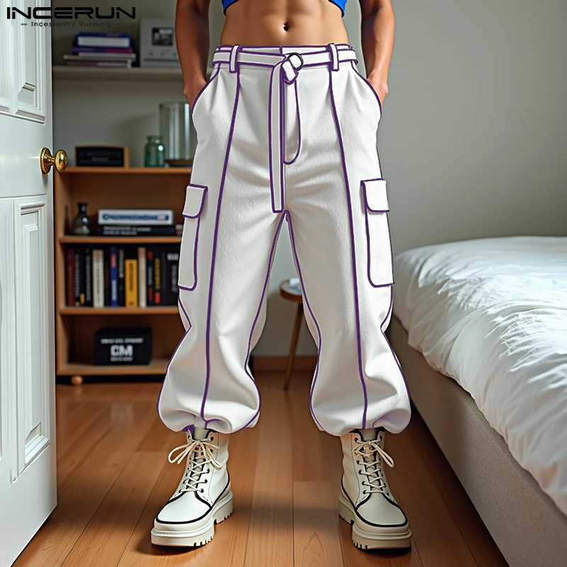 

Summer Spring Long Pants INCERUN Trouser Patchwork Men Casual Pants Streetwear Belt Bottoms Oversize Men's Clothing Harem Pants