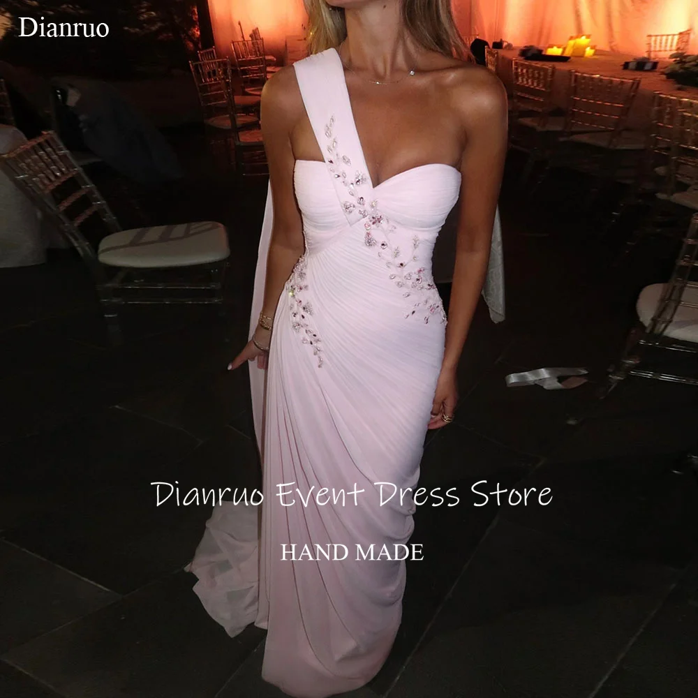 

Dianruo One Shoulder Pink Ruched Evening Dress Beaded Embellished Prom Gown Chiffon Floor Length Wedding Party Dress Customized
