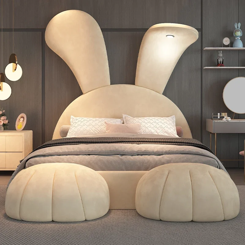 Girl Princess Bed Playful Rabbit Ear Cartoon Design Modern Minimalist 1.5m Single Bed Solid Wood Frame Multiple Colors Available