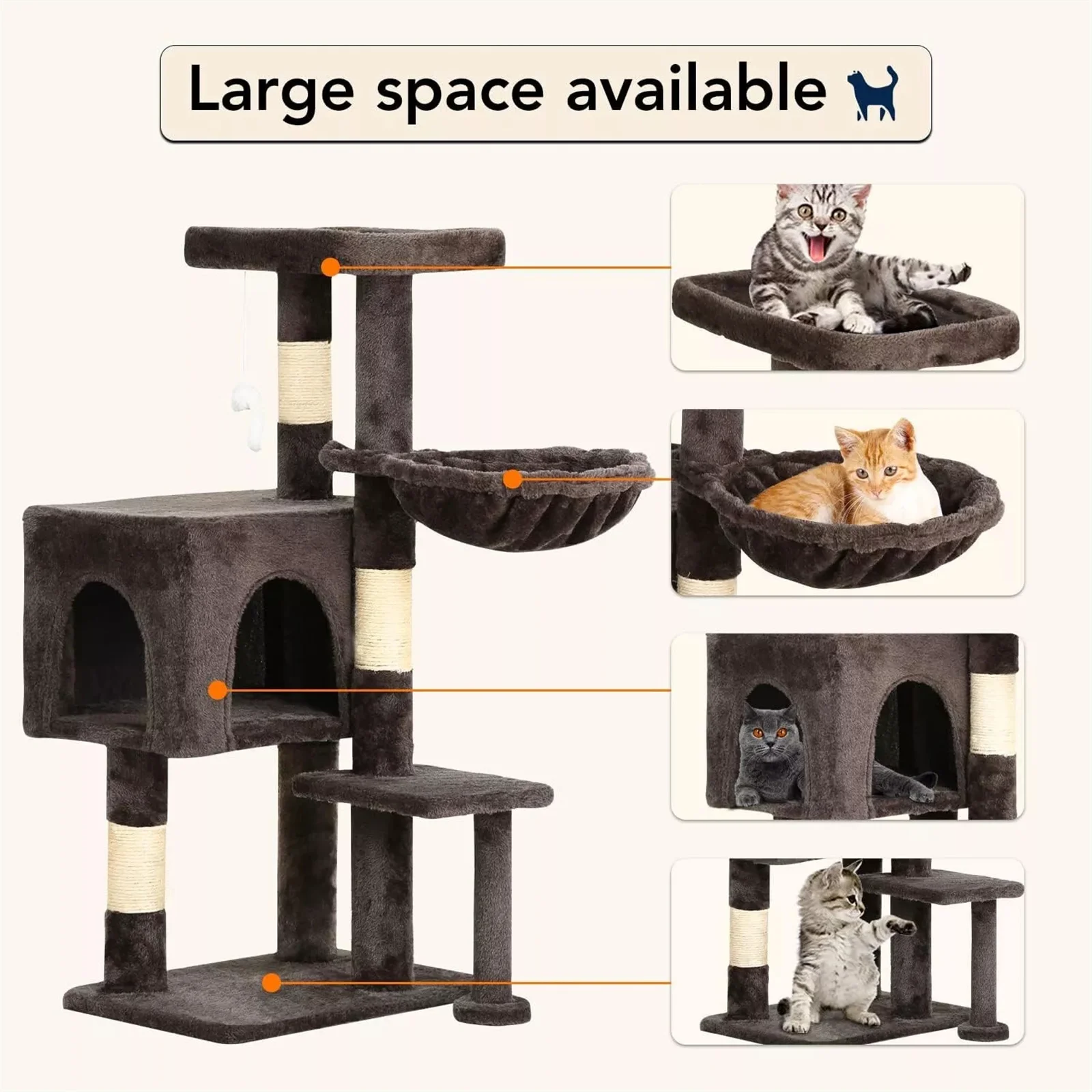 36" Krabpaal Kattentoren Krabpalen Cat Condo met hangmat voor binnenkatten Grijs