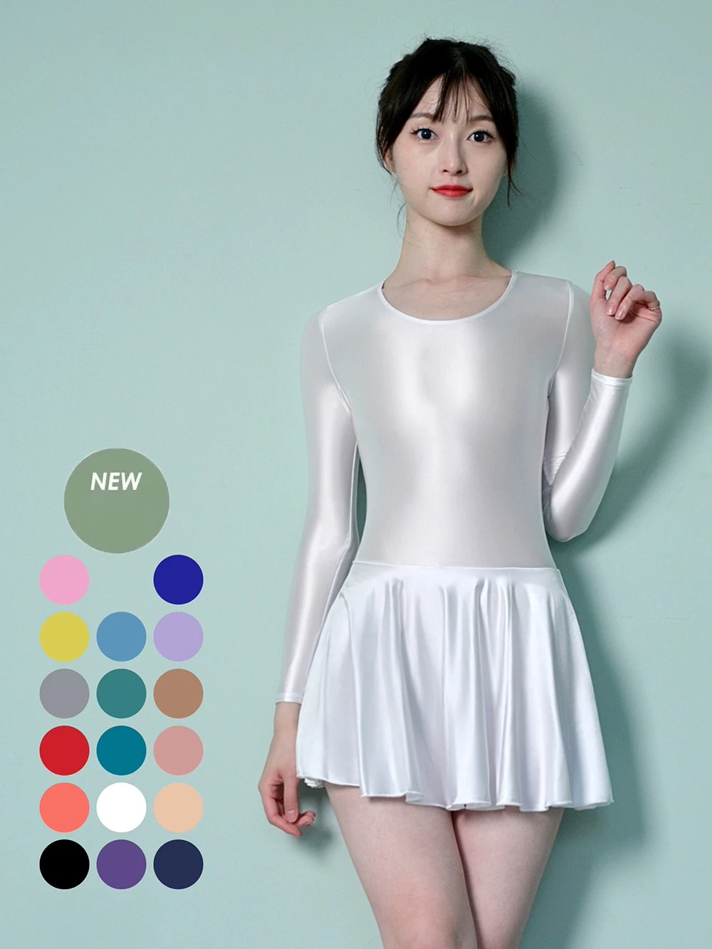 فستان ساتان ناعم لامع زيتي بأكمام طويلة وتنورة رياضية للسباحة واليوجا وتنورة باليه وأكمام طويلة تنورة للحفلات يوتار