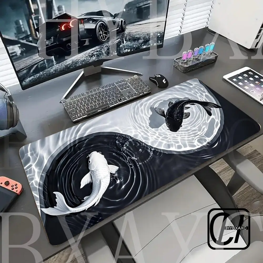 

Japanese Desk Mat Black & White Mouse Pad Koi Fish Japan Art Seal Yin-yang fish Large Gaming Deskmat Rubber HYBXAXC HD Mousepad