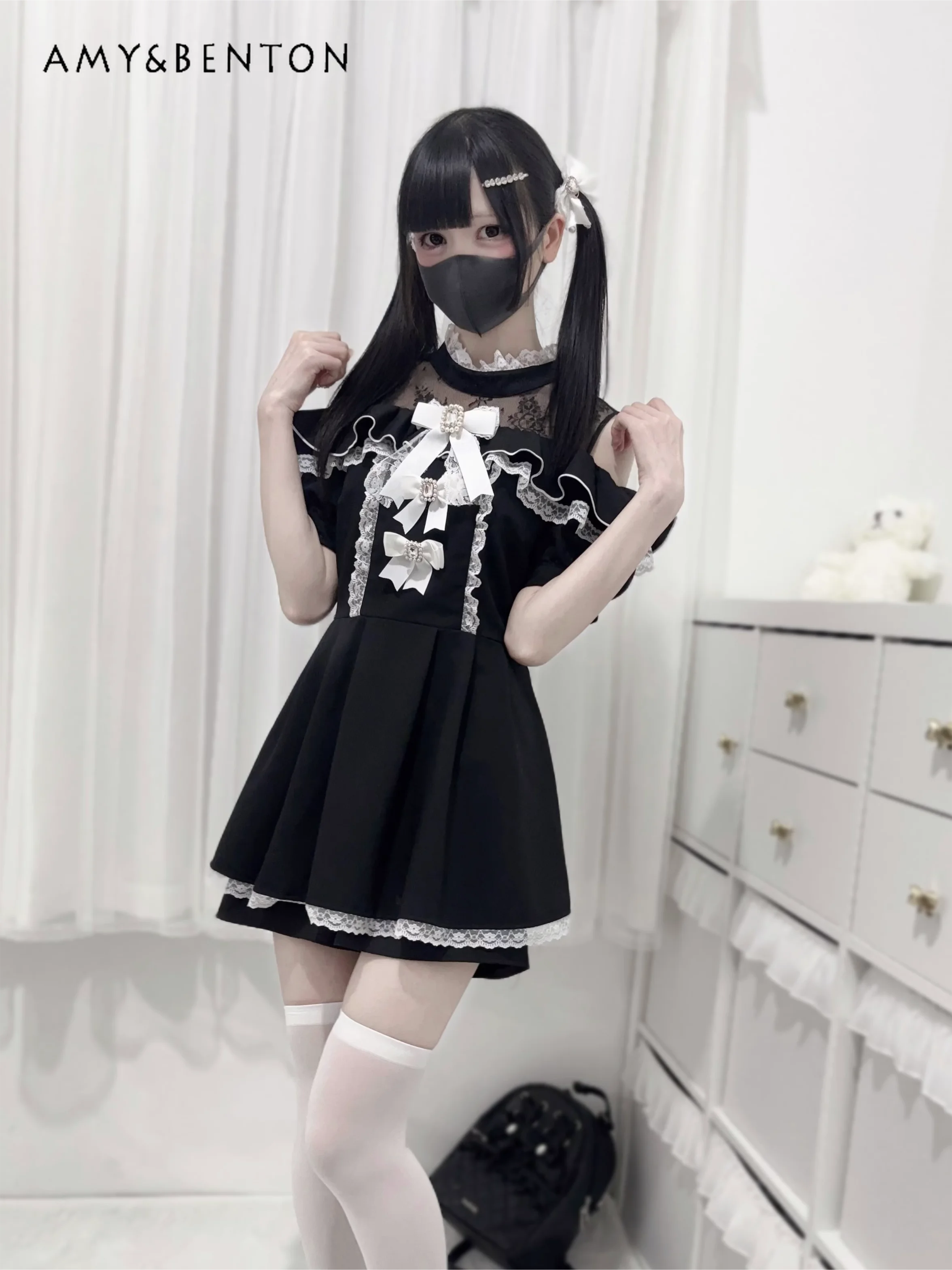 

Sweet Cute Ruffled Lace Off-Shoulder Stand Collar Dress Sets Summer Japanese Mass-Produced Mine Bow Dress Shorts Two-Piece Set