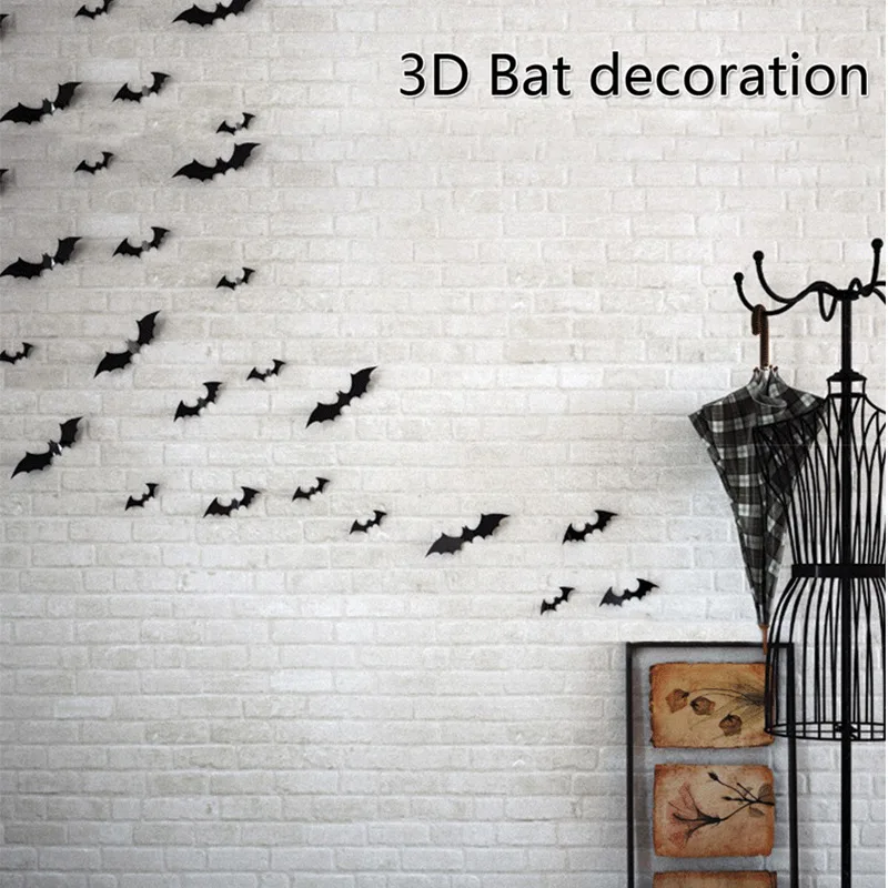 Autocollant mural chauve-souris en PVC noir, 12 pièces/paquet, décoration de Bar, fête d'halloween, scène d'horreur et de frisson