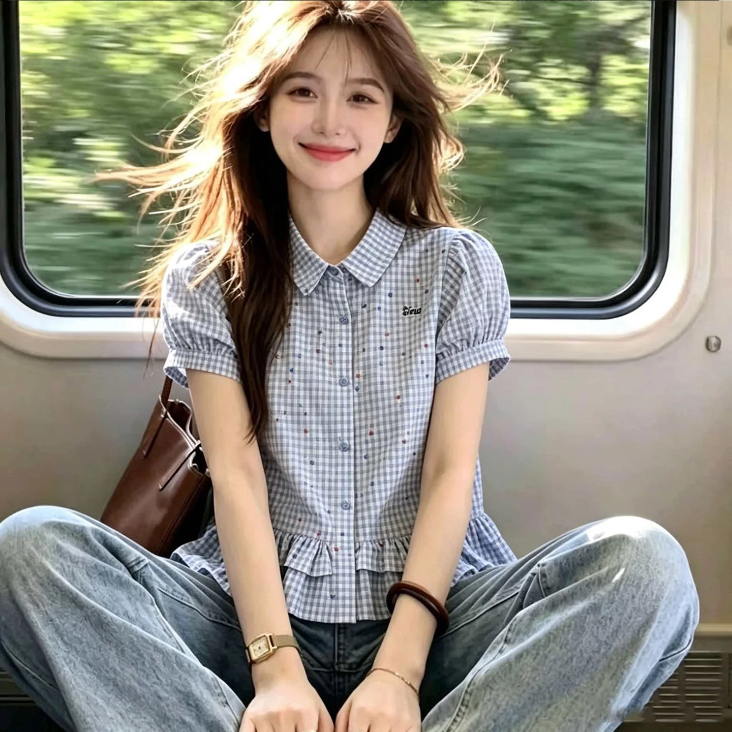 

Polka Dot Plaid Women's Shirt 2026 New Summer Korean Style Slim Fit Collar Bubble Sleeve Top Commute Fashion