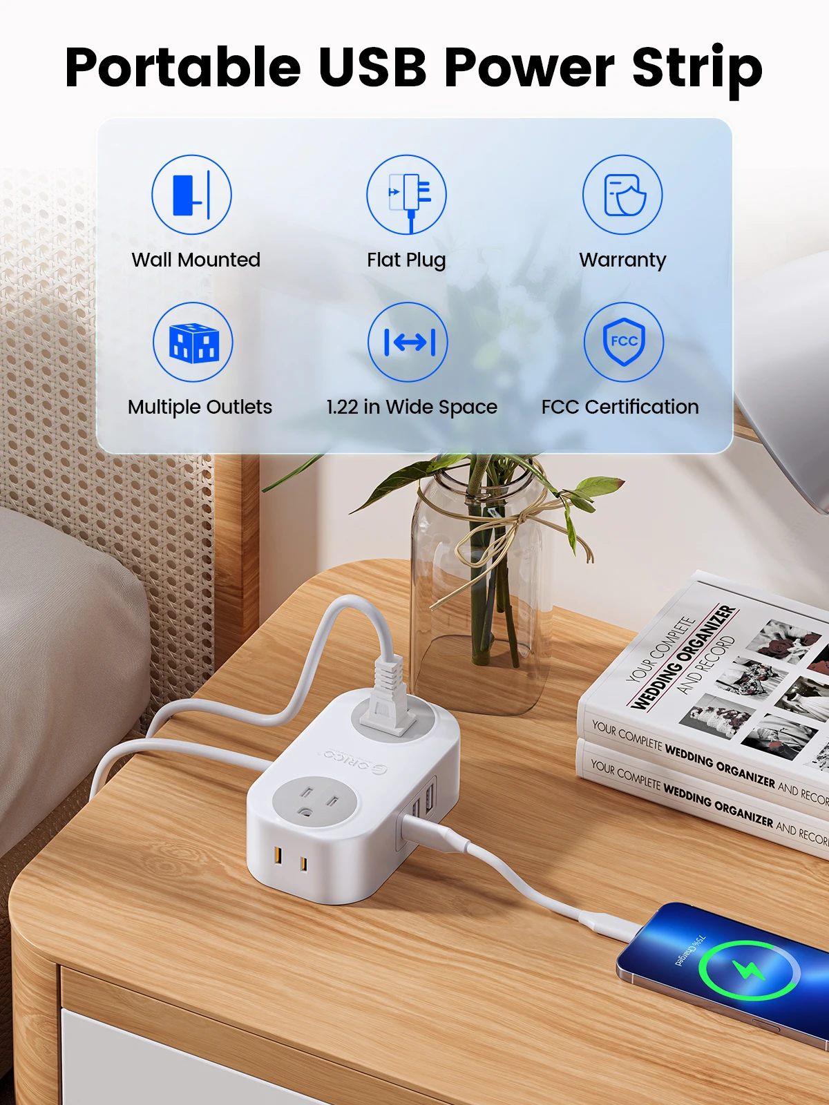 ORICO Travel Power Strip with USB C AC Outlets 3 USB Ports Wrapped Flat Plug Extension Cord with Multiple Outlets for Travel