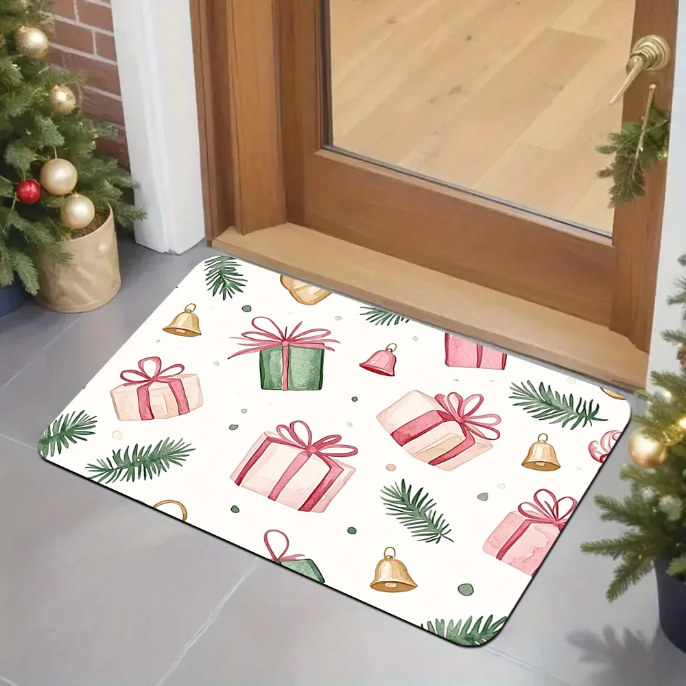 Christmas Gift Box & Bell Doormat with Red Bows & Pine Branches - Non-Slip Machine Washable Rectangular Mat, Soft Indoor Outdoor