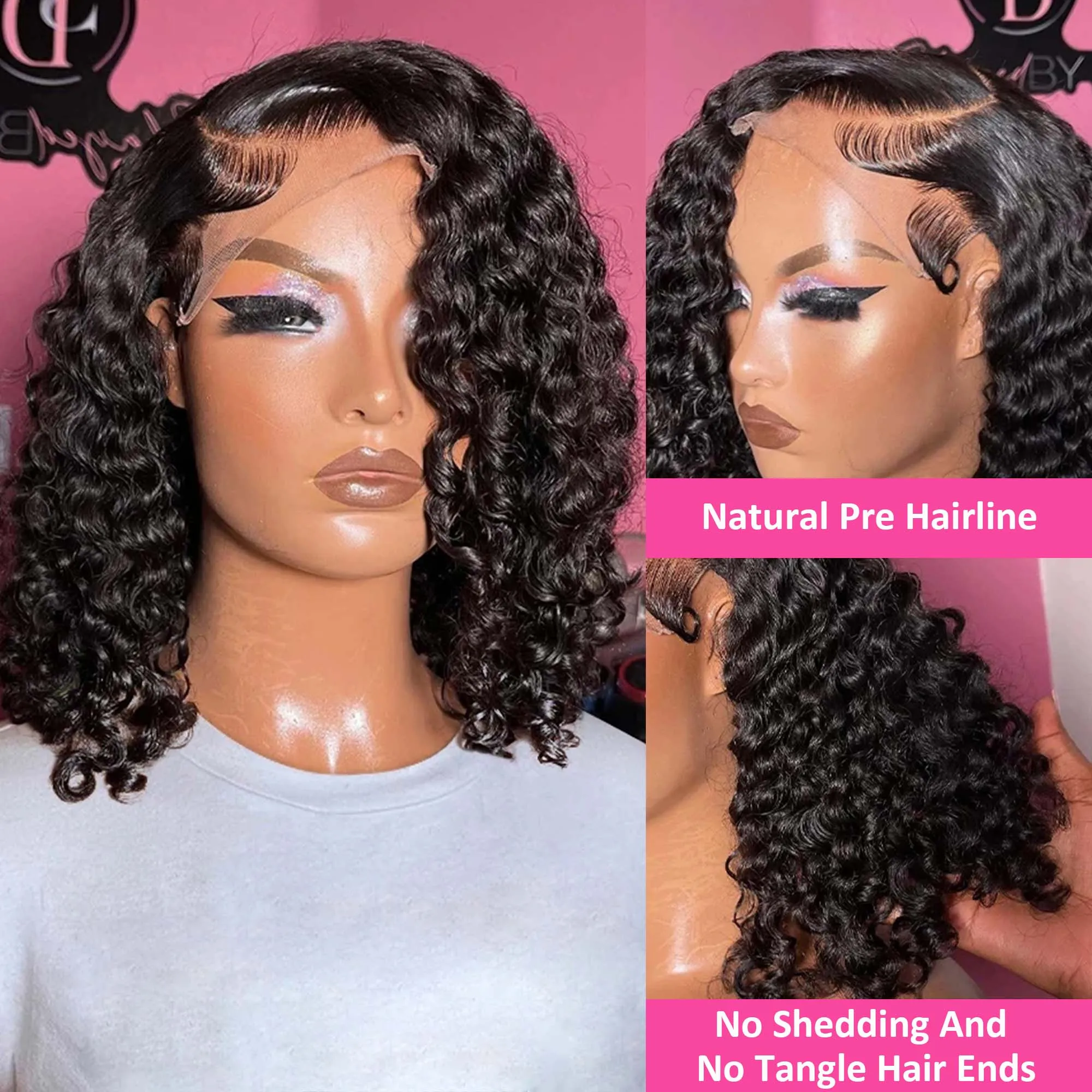 100% 인모 딥 컬리 밥 헤어 가발 내추럴 블랙 컬러 워터 웨이브 HD 레이스 프론트 베트남산 13x4 투명 레이스 가발 프리플럭