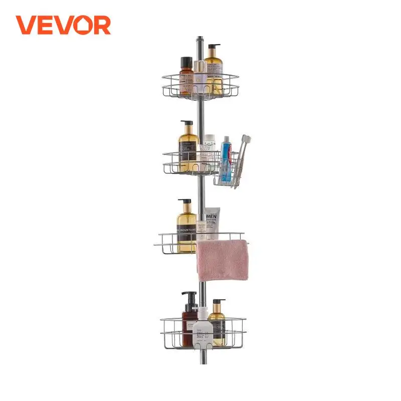 VEVOR Shower Corner Caddy Tension Pole Multi-Functional Shower Tension Pole with Sector Load-Bearing Tray for Bathroom/ Washroom