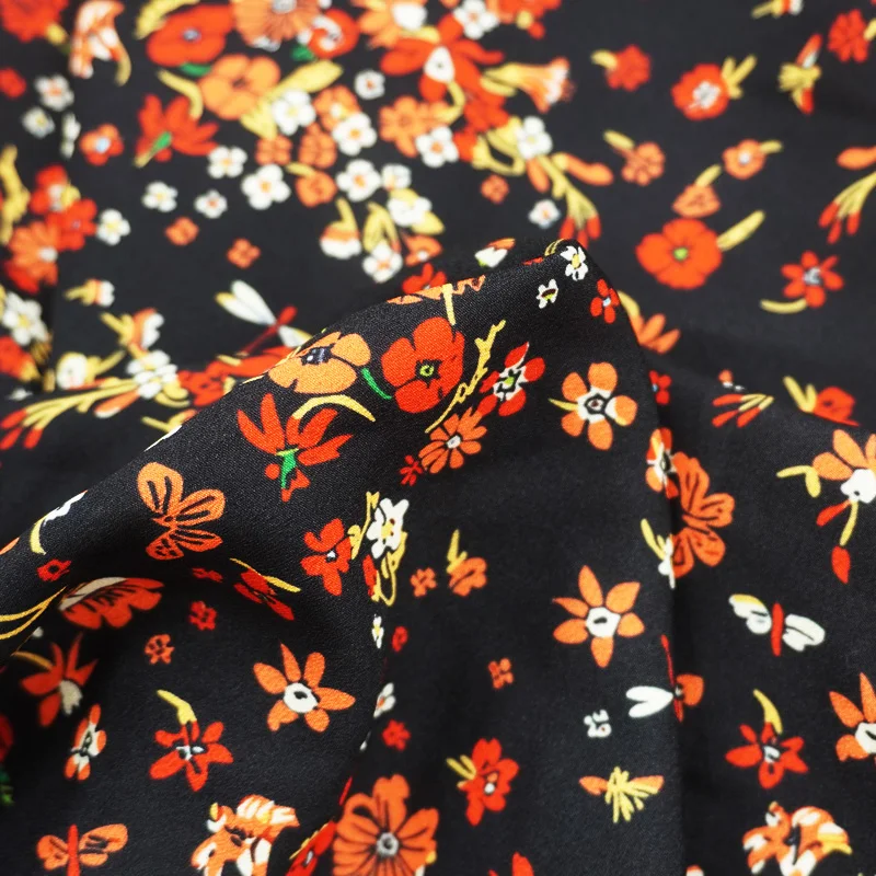 Imitation Silk Crepe De Chine Fabric Black Base Vintage Ditsy Floral Print Cloth For Sewing DIY Dress Blouse Garment Making Soft