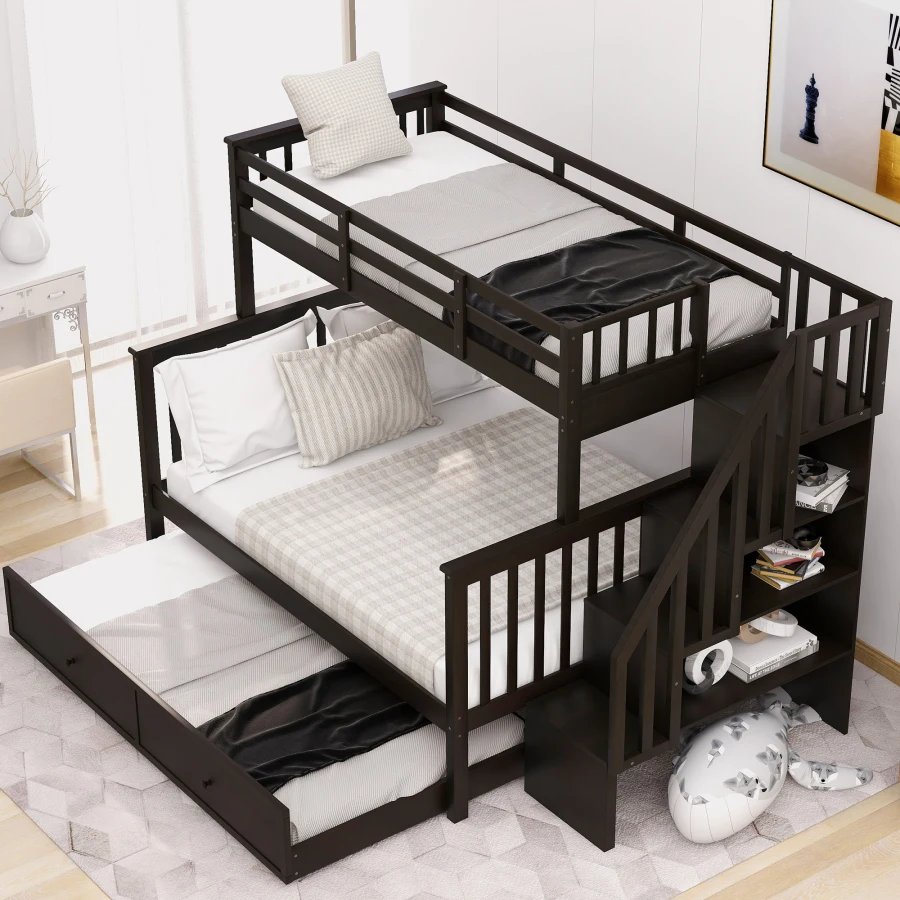 Twin-Over-Full Bunk Bed with Twin size Trundle, Storage and Guard Rail for Bedroom, Dorm, for Adults, Espresso OLD SKU :LT00011