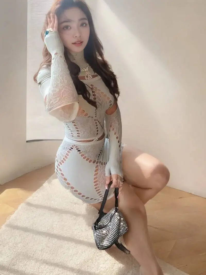 

New Women Solid Color Diamond High Collar Splicing Broken Hole Long Sleeve Bodysuit Sexy Slim Low Waist Ultra Short Dress FV1O