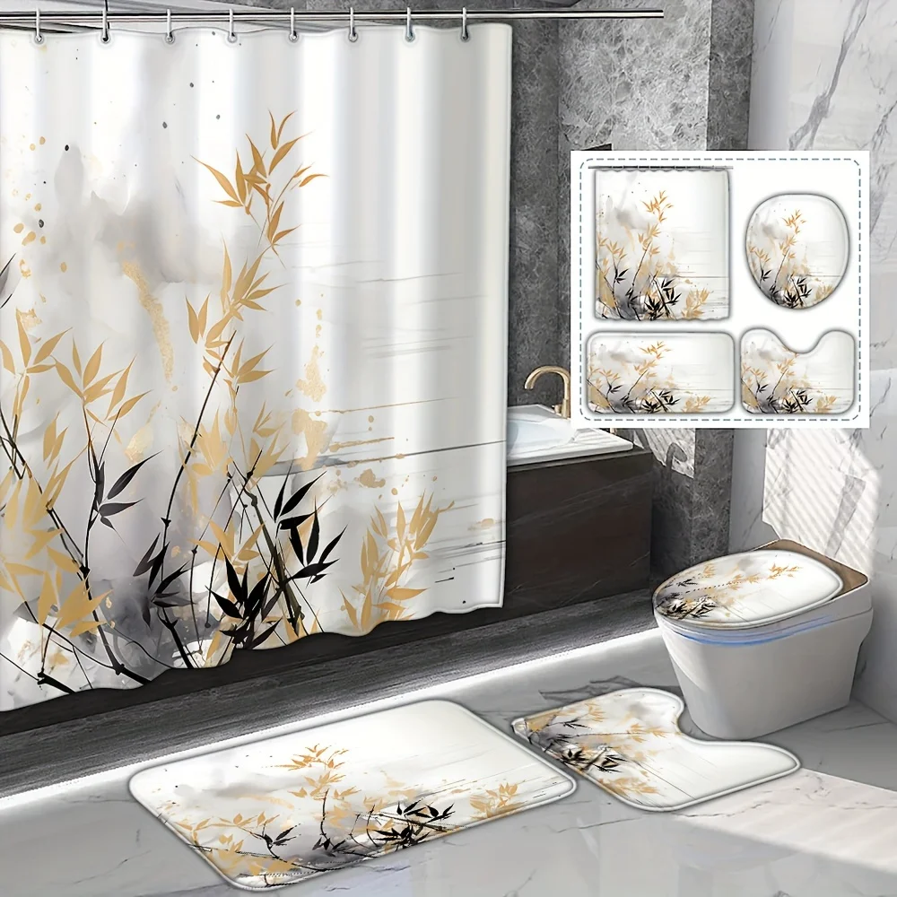 

Набор из 4 предметов, черное золото, чернильный лист, полиэстер, занавеска для душа, чернильный узор, декор для ванной комнаты, противоскользящий коврик, U-образный коврик, чехол на сиденье унитаза