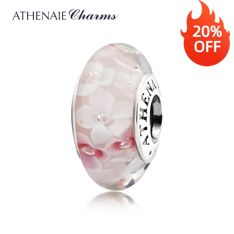 

ATHENAIE Genuine Murano Glass 925 Silver Pink Flowers Charm Bead Fit All European Charms Beads Bracelets For Women Valentine