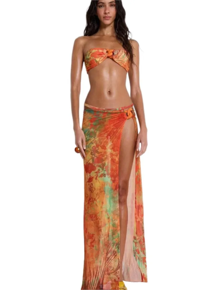 Retro Bikini Printed Fashion 3 Piece Swimsuit And Cover Up With Skirt Tight Women's Bandage Summer Beach Luxury Elegant 2025