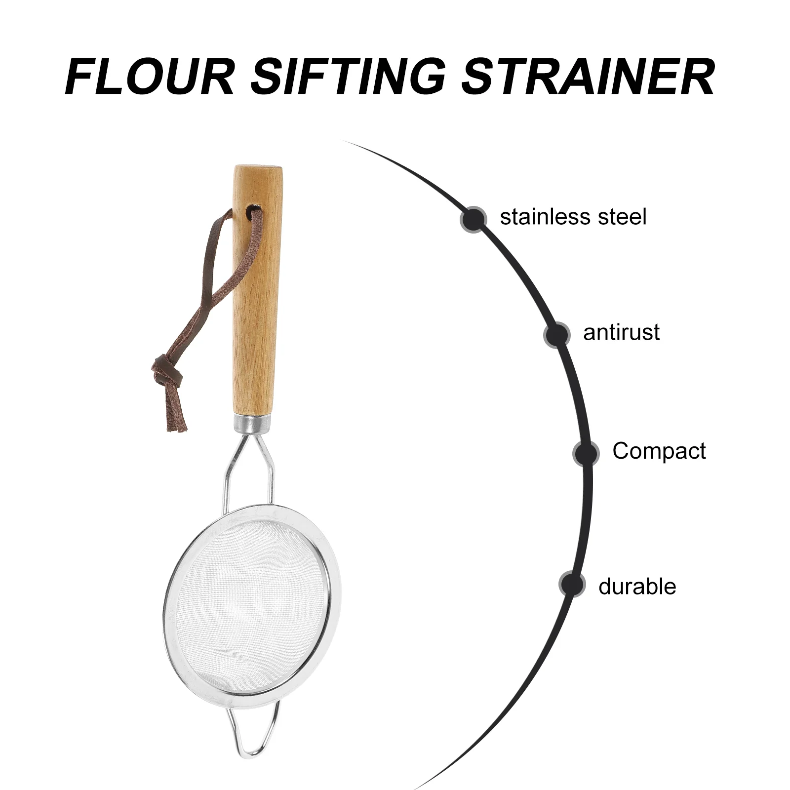 Tamis à Farine en Acier Inoxydable avec Manche en Bois, Forme Ronde, Maille, pour Jus, Pratique, Cuisson, Ménage