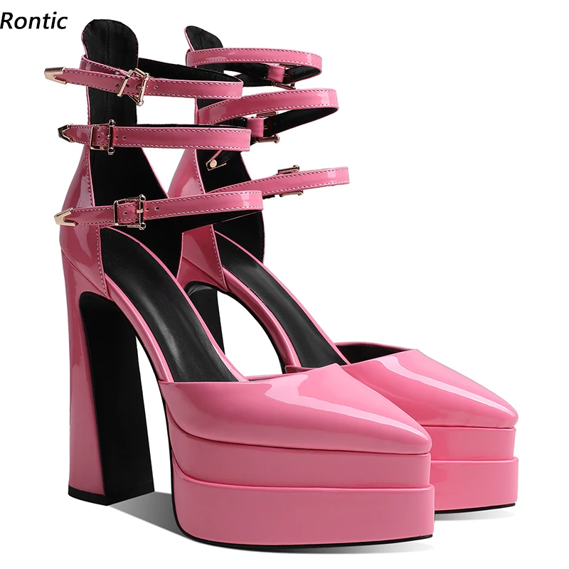 Rontic Handmade Women Chic Platform Pumps Glossy Buckle Chunky Heels Pointed Toe Gorgeous Pink Orange Party Shoes US Size 5-10.5