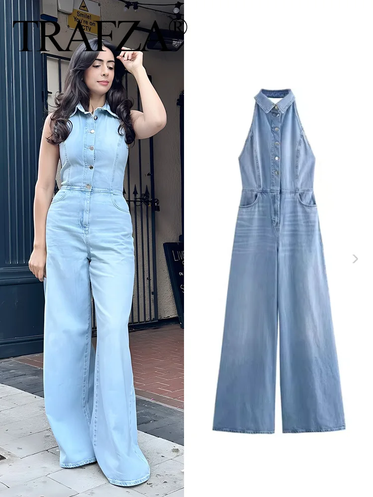 TRAFZA 2024 Female High Street Jumpsuits Denim Blue Sleeveless Backless Pockets Single Breasted Summer Jumpsuit Women Trendy