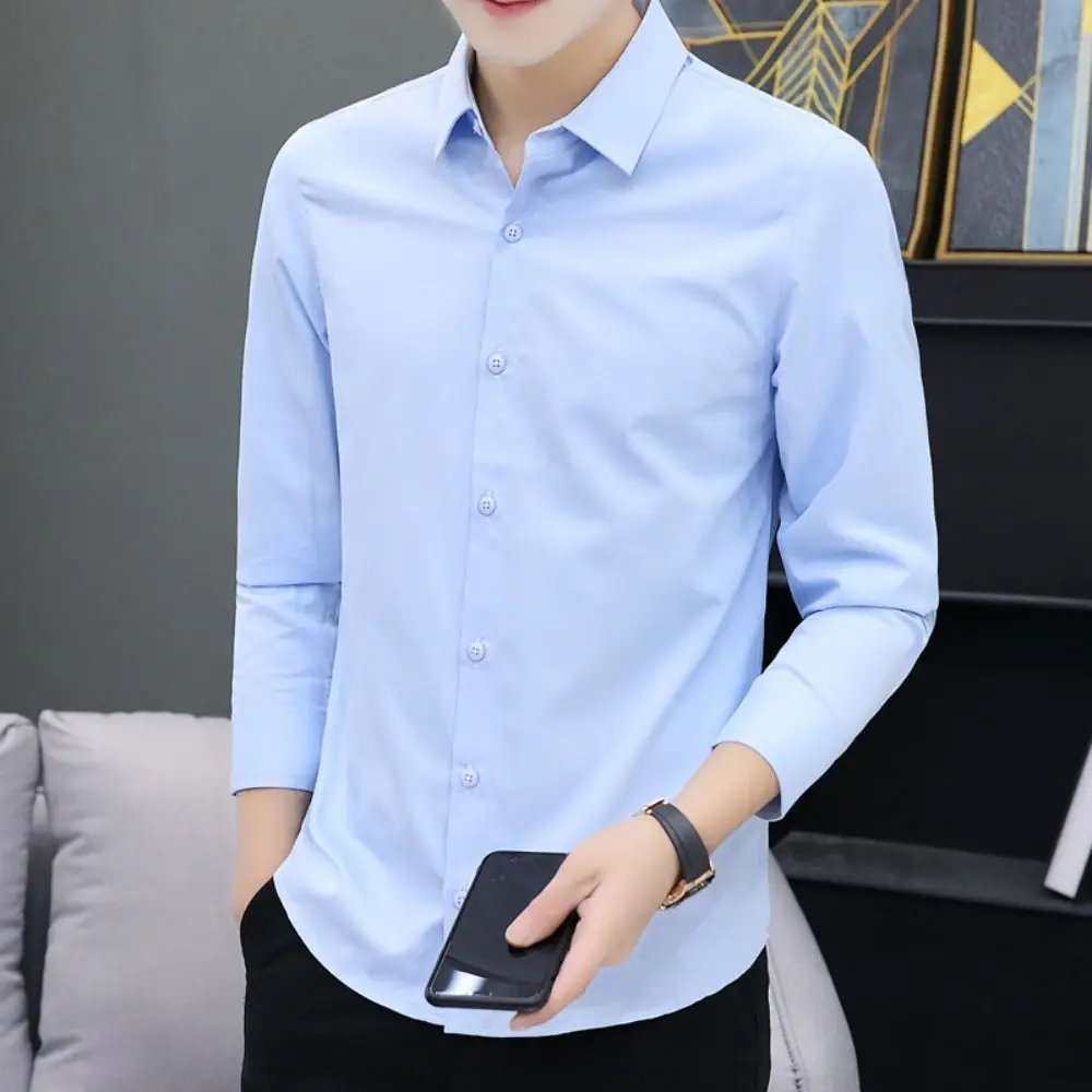 

Fashion Basic Men's Business Shirts Solid Color Simple Blouse for Men Bottoming Shirts Soft Casual Tops Male