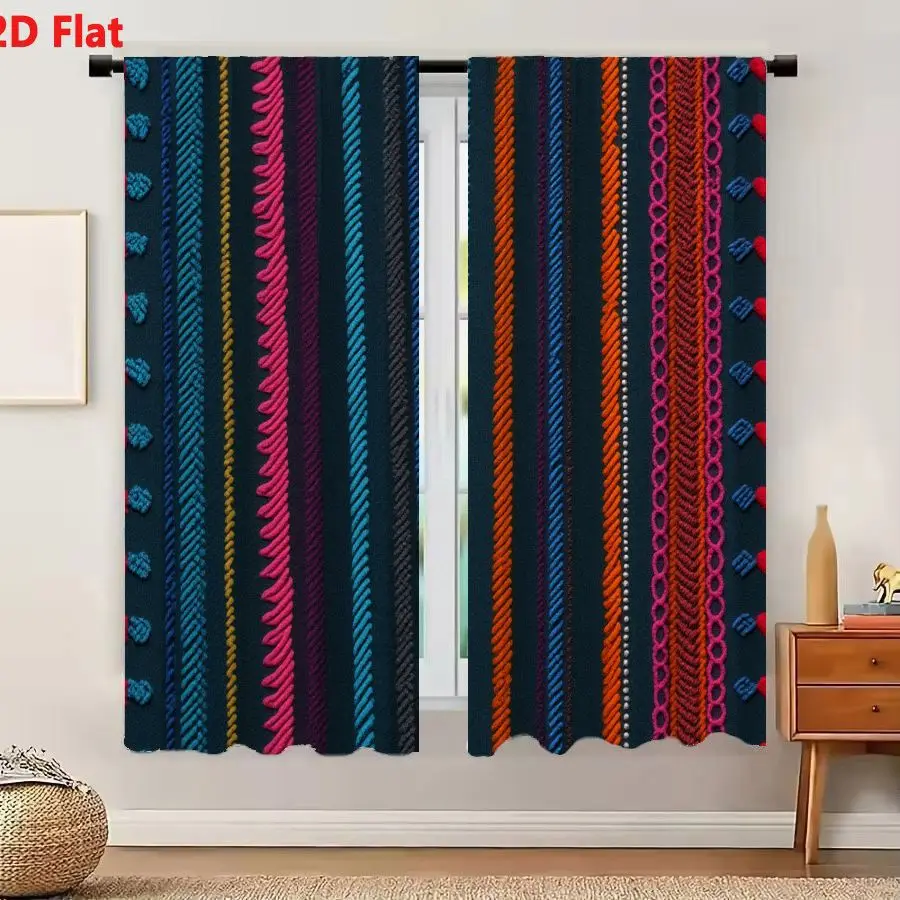 2Pcs Curtains 2D Flat Vertical Stripe Textile Pattern With Pink Braided Fringed Yellow Orange Blue Red Details Dark Teal Navy Ba