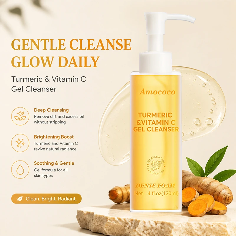 Amococo 2/4pcs Turmeric Vitamin C Gel Cleanser 120ml Each Brightening Face Wash for Dull Skin Deep Cleansing Foaming Facial Cleanser for All Skin Types Daily Skin Care