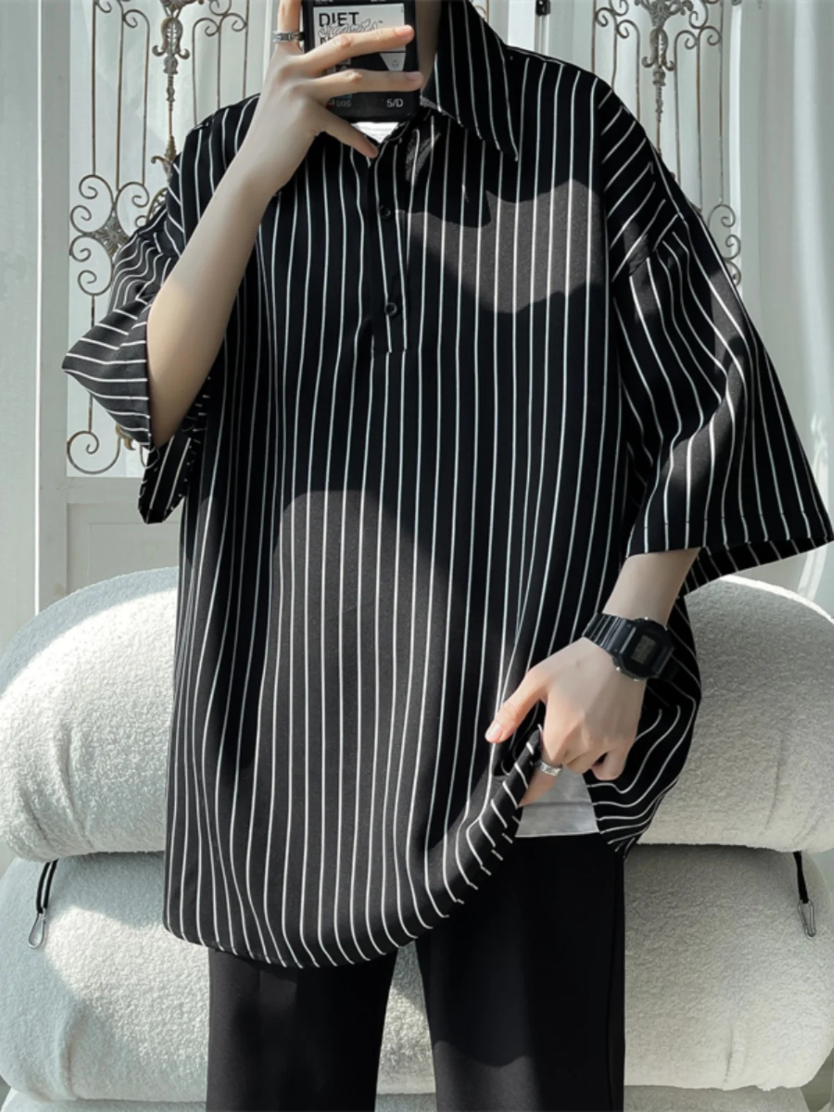 

Ice Silk Stripe Men's Short Sleeve Shirt Summer Thin Loose Large Size T-Shirt American Retro Japanese Style Shirt