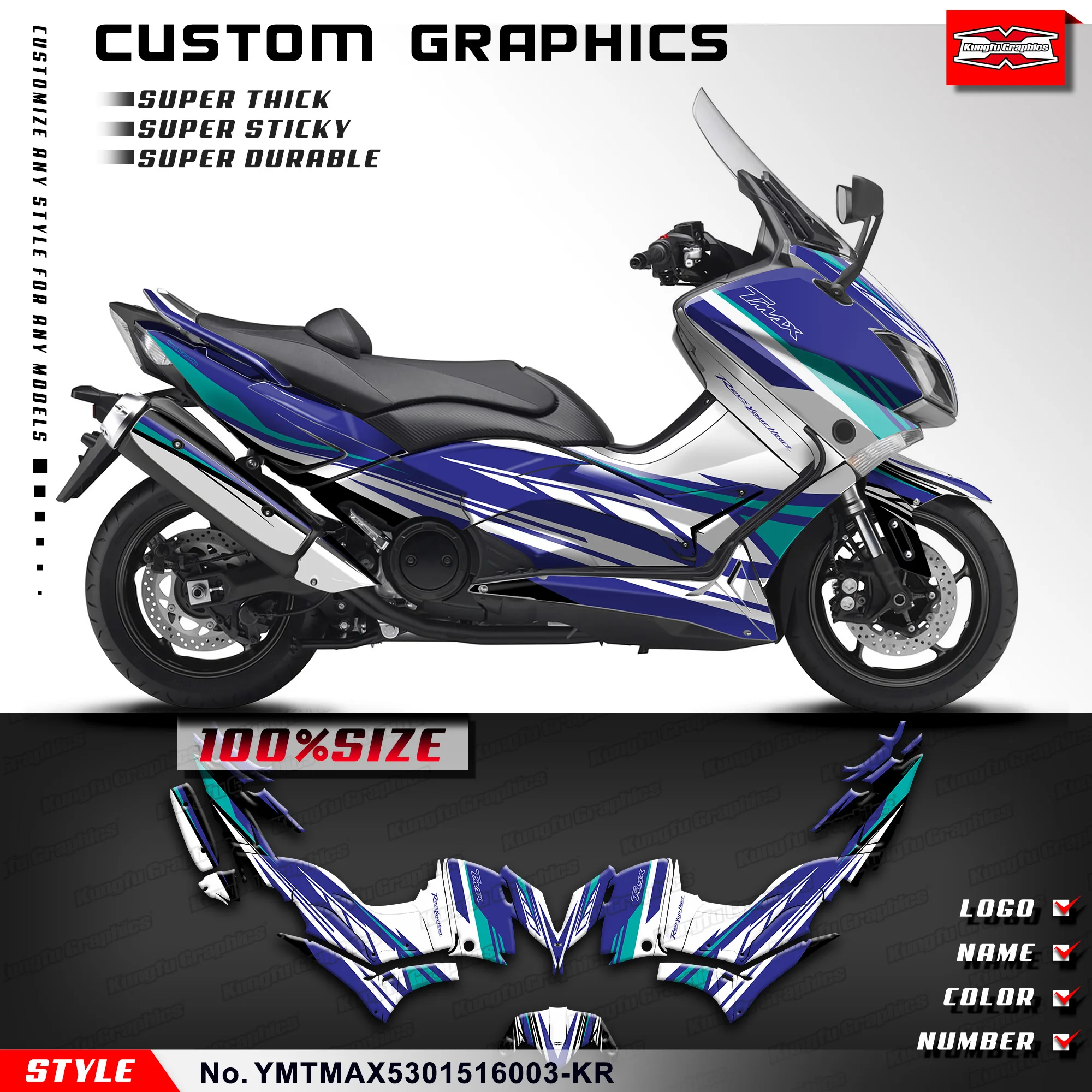 KUNGFU GRAPHICS Custom Adhesive Decals Blue for Yamaha TMAX 530 2015 2016, YMTMAX5301516003-KR