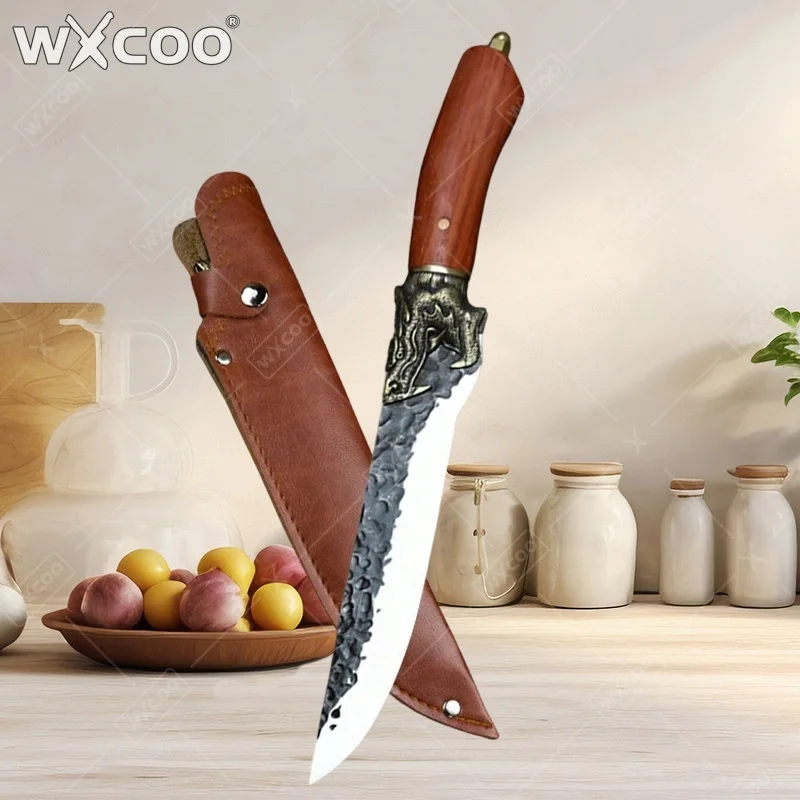 

Кухонный нож WXCOO ручной ковки с деревянной ручкой и чехлом, из высокоуглеродистой стали, универсальный, для шеф-поваров, тесак, нож для обвалки