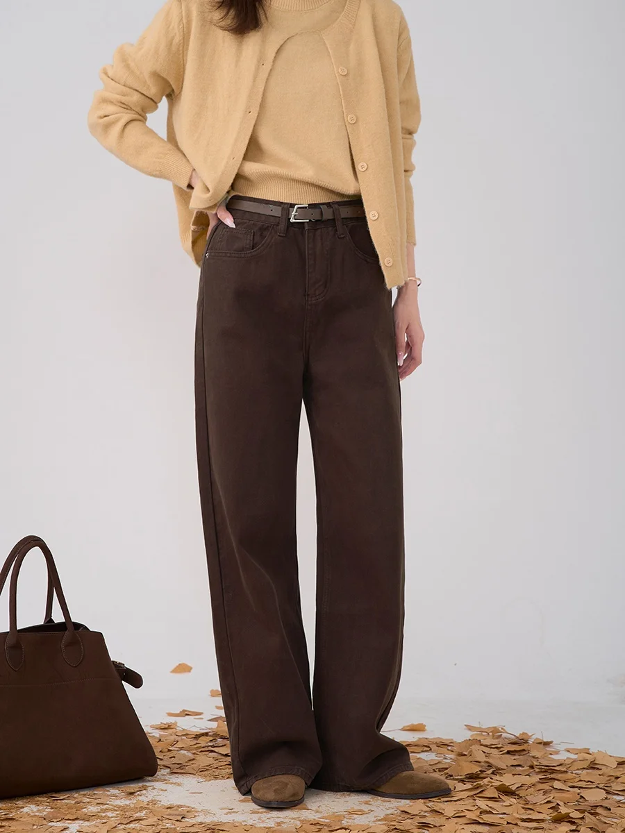 

Женские джинсы с высокой талией, прямые, облегающие, цвета кофе, в стиле ретро, для весенне-осеннего сезона, модные женские джинсы