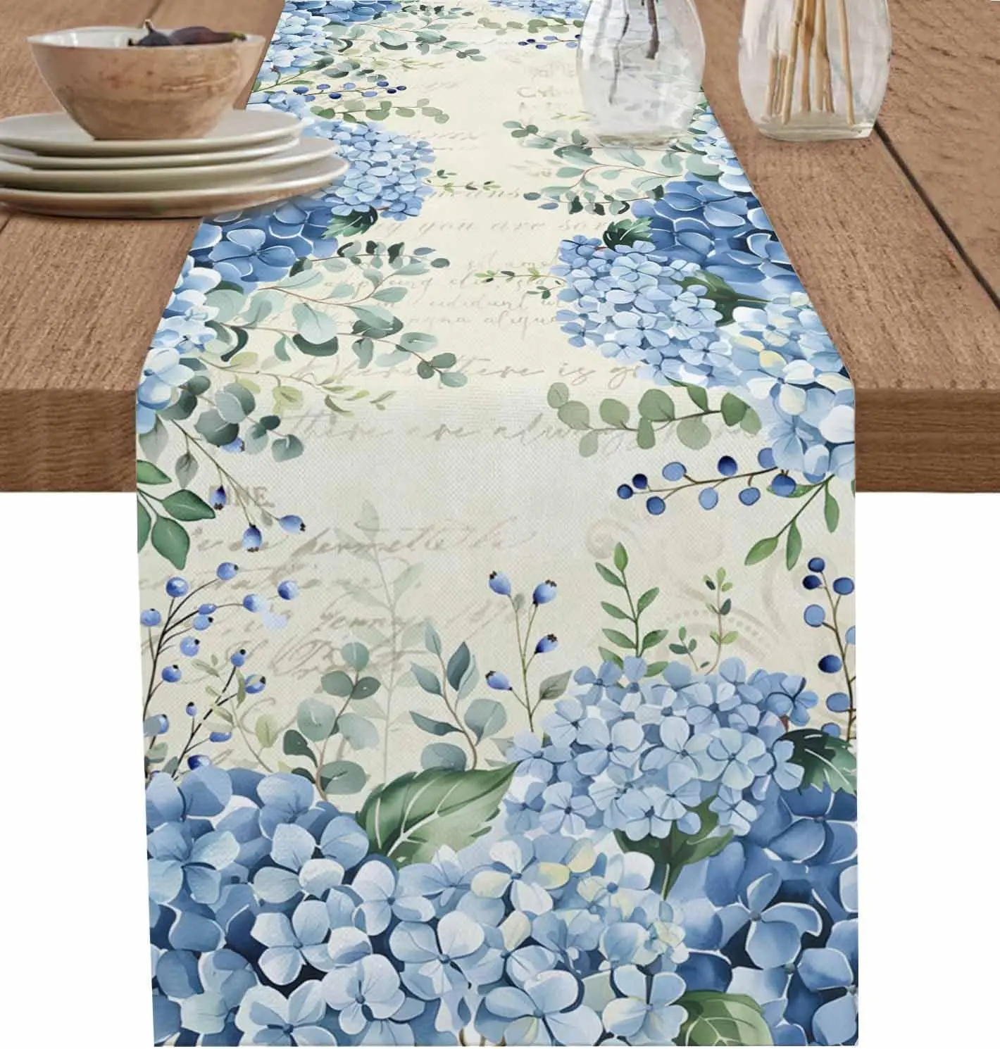 Spring Hydrangeas Leaves Linen Table Runner Party Decor Watercolor Floral Eucalyptus Leaves Table Runners Wedding Decorations