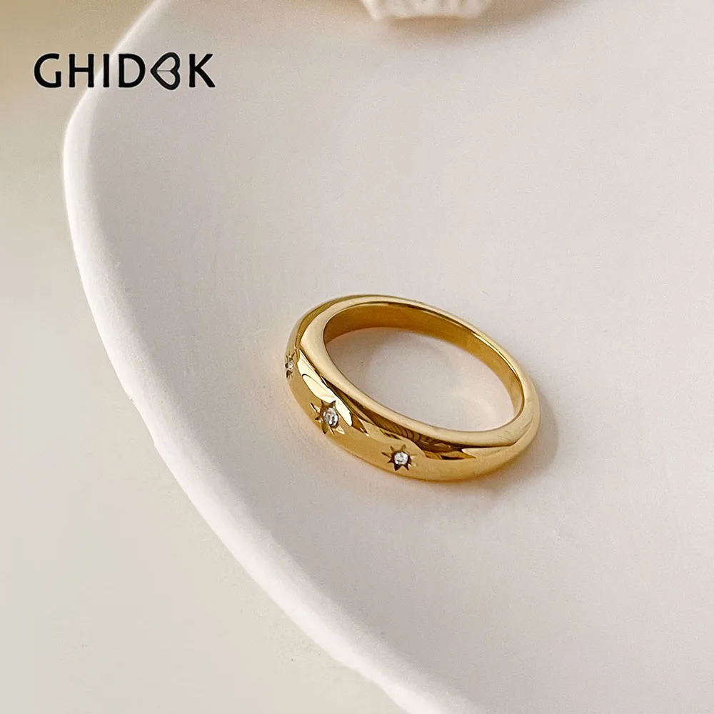 GHIDBK Dainty Clear Rhinestone Solid Gold Plated Starburst Ring for Women Stainless Steel North Star Rings Celestial Jewelry