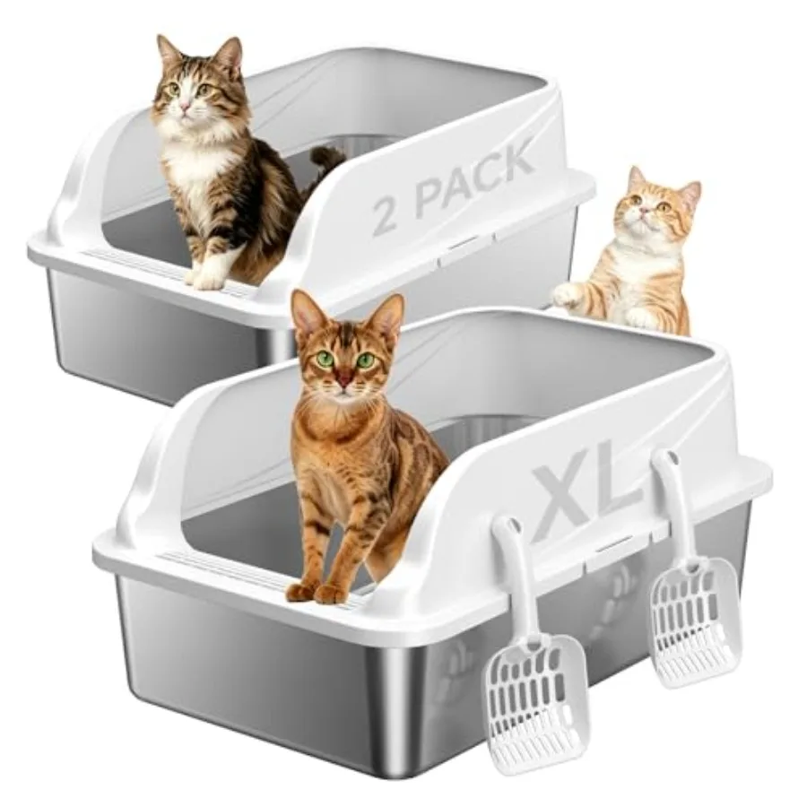 

2PACK Stainless Steel Cat Litter Boxes, XL Large Metal Litter Box with High Sides Lid, Odor Free Litter Pan Include Scoop Easy