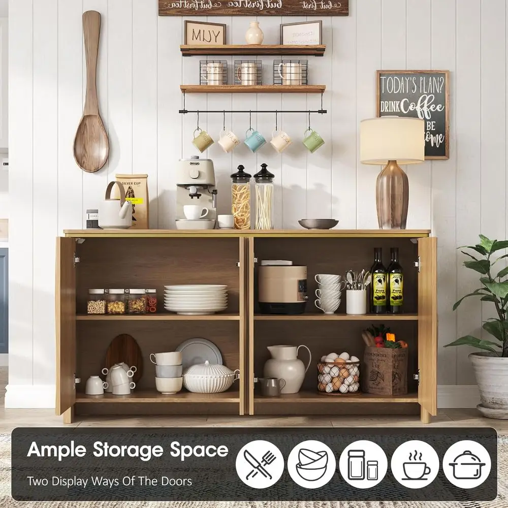 خزانة بوفيه خشبية طبيعية حديثة، أبواب تموج ثلاثية الأبعاد، حواف منحنية، 4 أبواب ورف قابل للتعديل، عريضة 57.9 #6