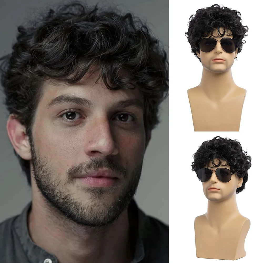

Men's Black Wig Short Curly Hair Layered Synthetic Fiber Full Headpiece Suitable for Daily Wear