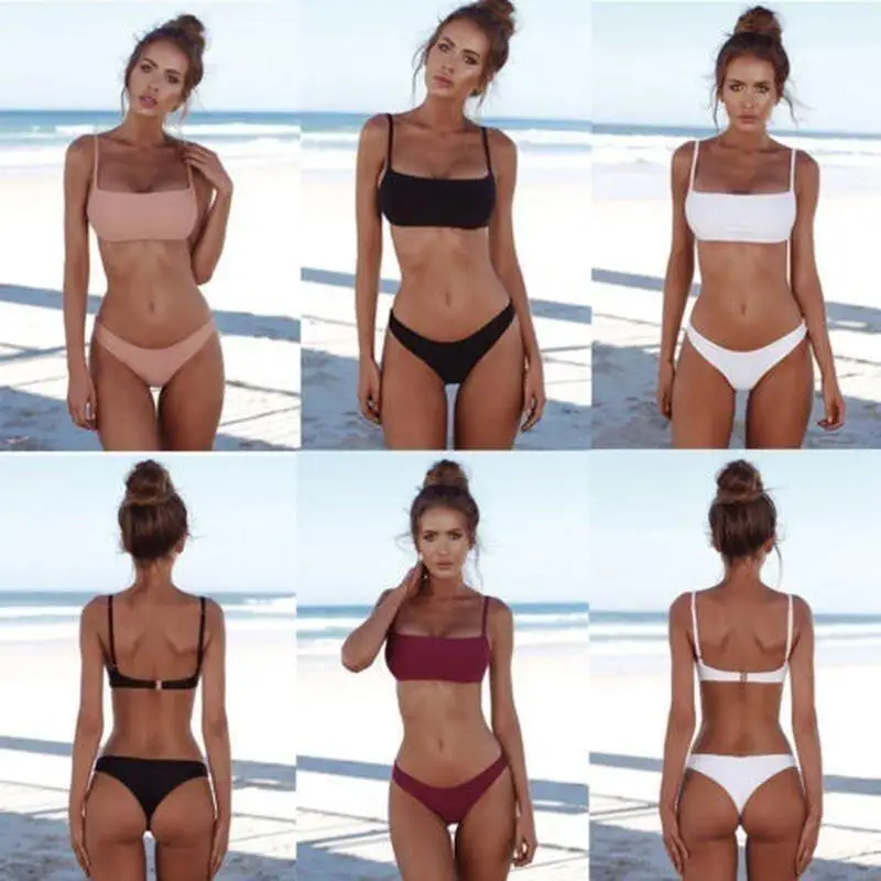 Neues Damen-Bikini-Set, einfarbig, zweiteiliger Badeanzug, sexy Strand-Bademode mit Spaghettiträgern und gepolstertem BH, Sommer-Badeanzug – Detail 2