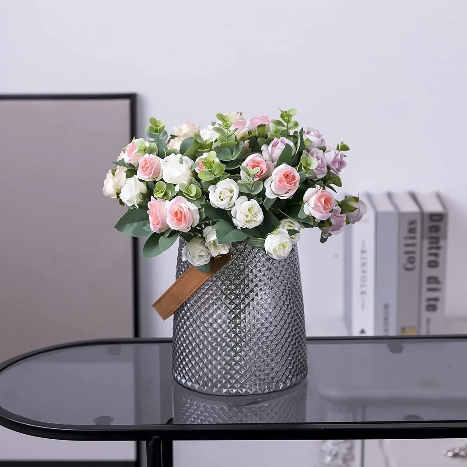 10 künstliche Blumenköpfe aus Seide, Rosen, weiße Eukalyptusblätter, Pfingstrosenstrauß, künstliche Blumen für Hochzeitstisch, Party, Vase, Heimdekoration – Detail 3