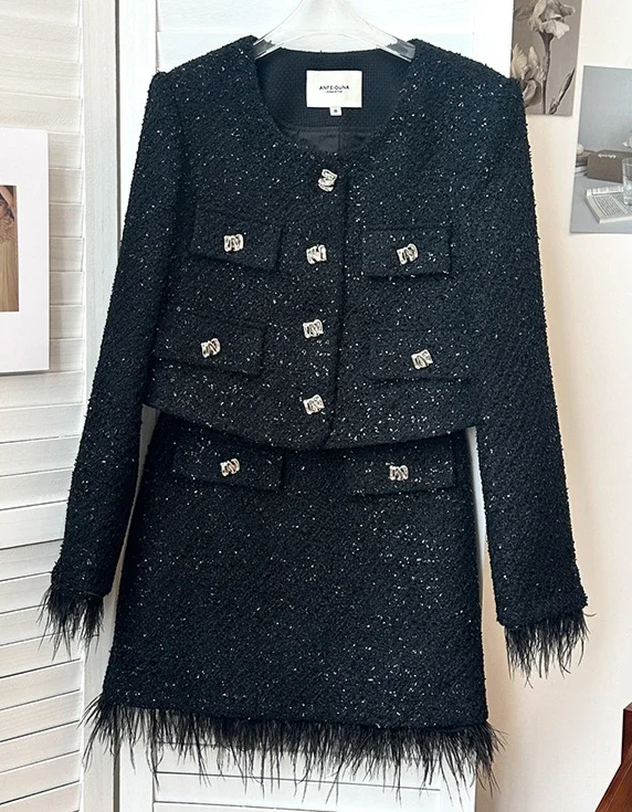 New in Matching Sets  2024 New Luxury Black Tweed Splicing Feather Short Tweed Jacket and Skirt Set 2 Piece Sets Women Outfit